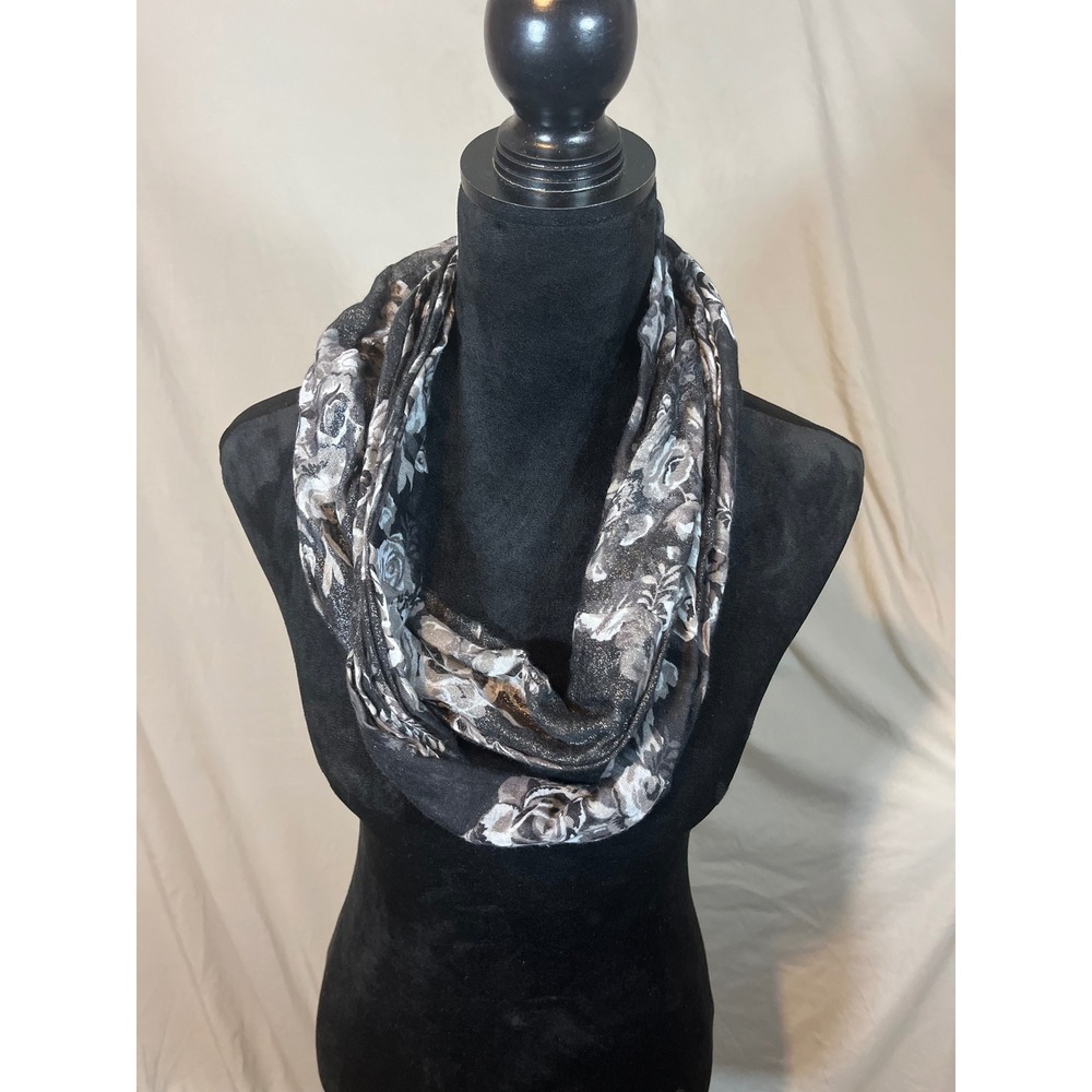 Womens Black Silver Floral Rose Metallic Shimmer Infinity Loop Scarf